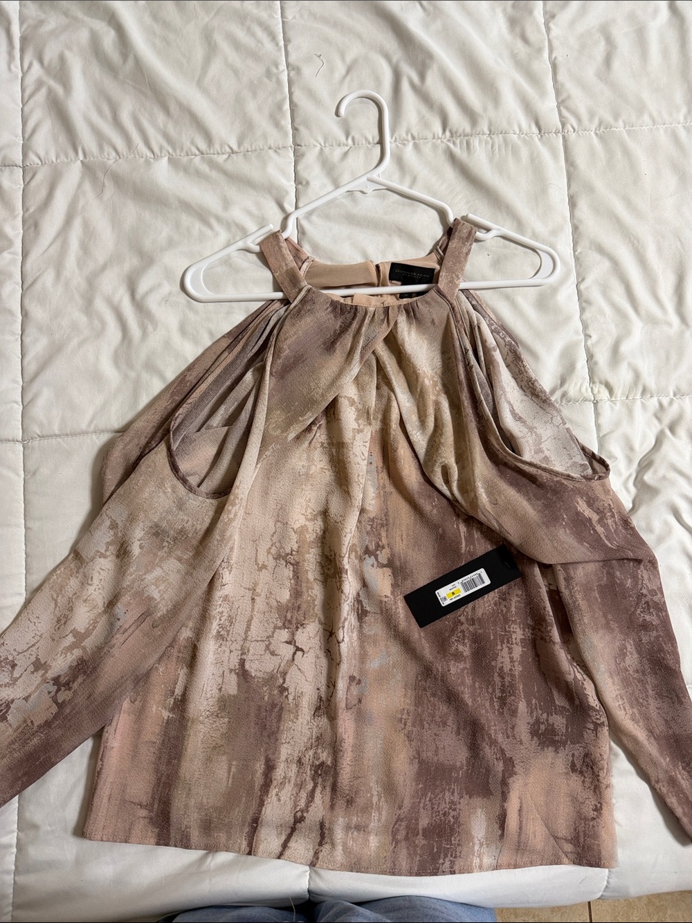 Donna Karan Taupe and Beige Cold-Shoulder Blouse